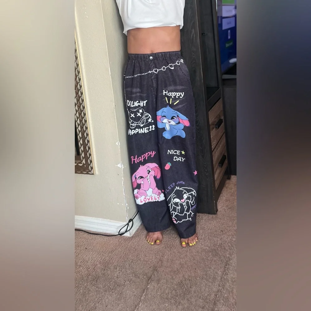 Kids joggers with Cartoon Bunny Print - Black